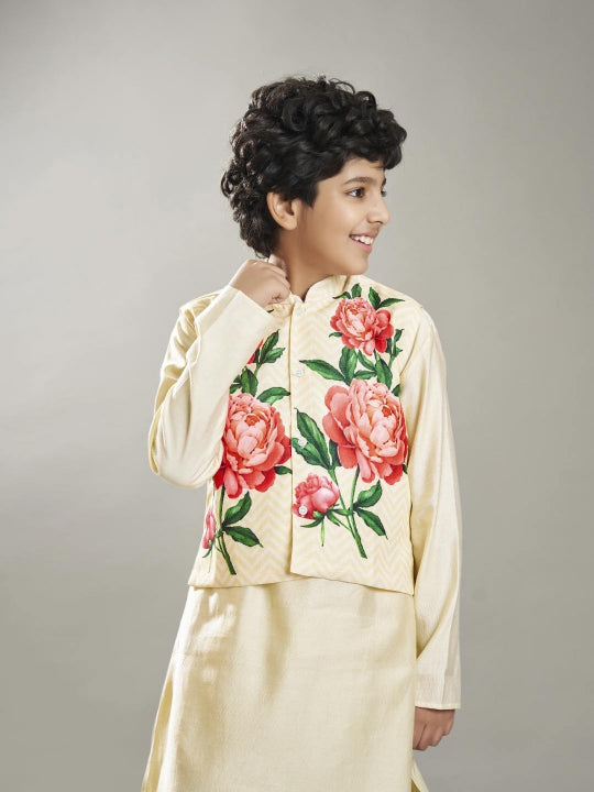 Bittu By Bhama Boys off white kurta pajama with off white floral print jacket