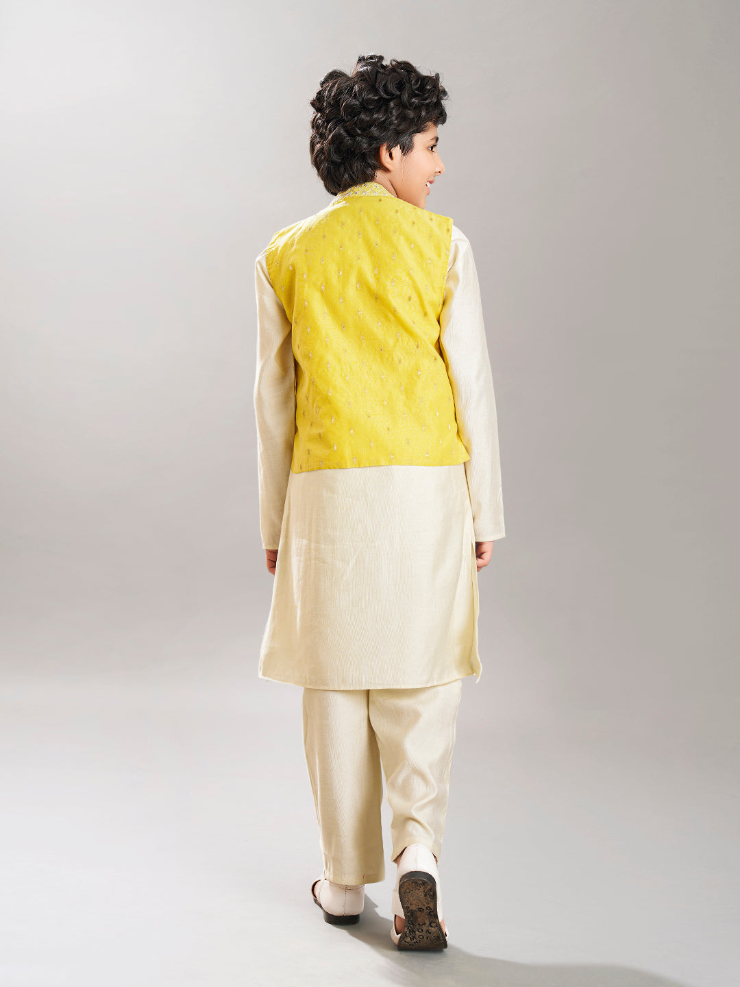 Bittu By Bhama Boys off white kurta pajama with yellow modal booti jacket