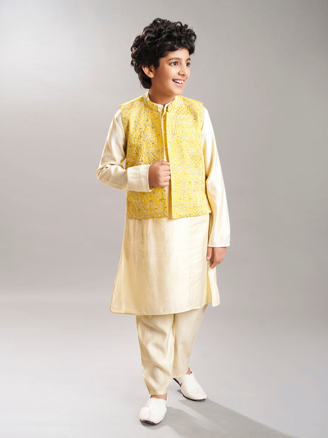 Bittu By Bhama Boys off white kurta pajama with yellow modal booti jacket