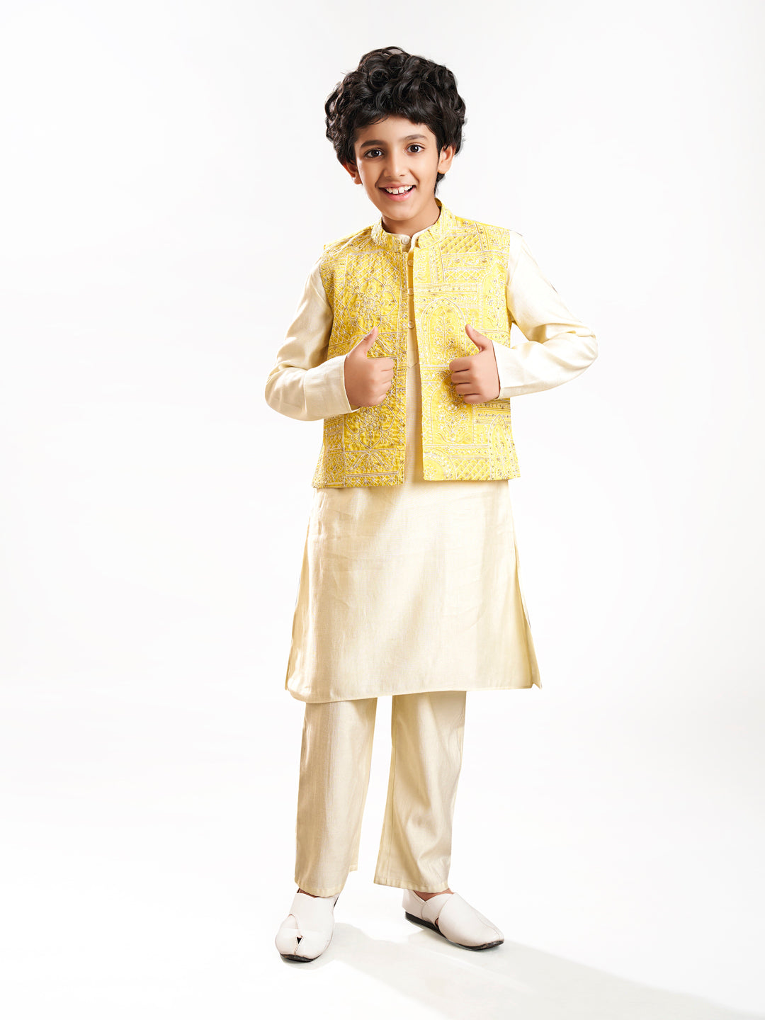 Bittu By Bhama Boys off white kurta pajama with yellow modal booti jacket