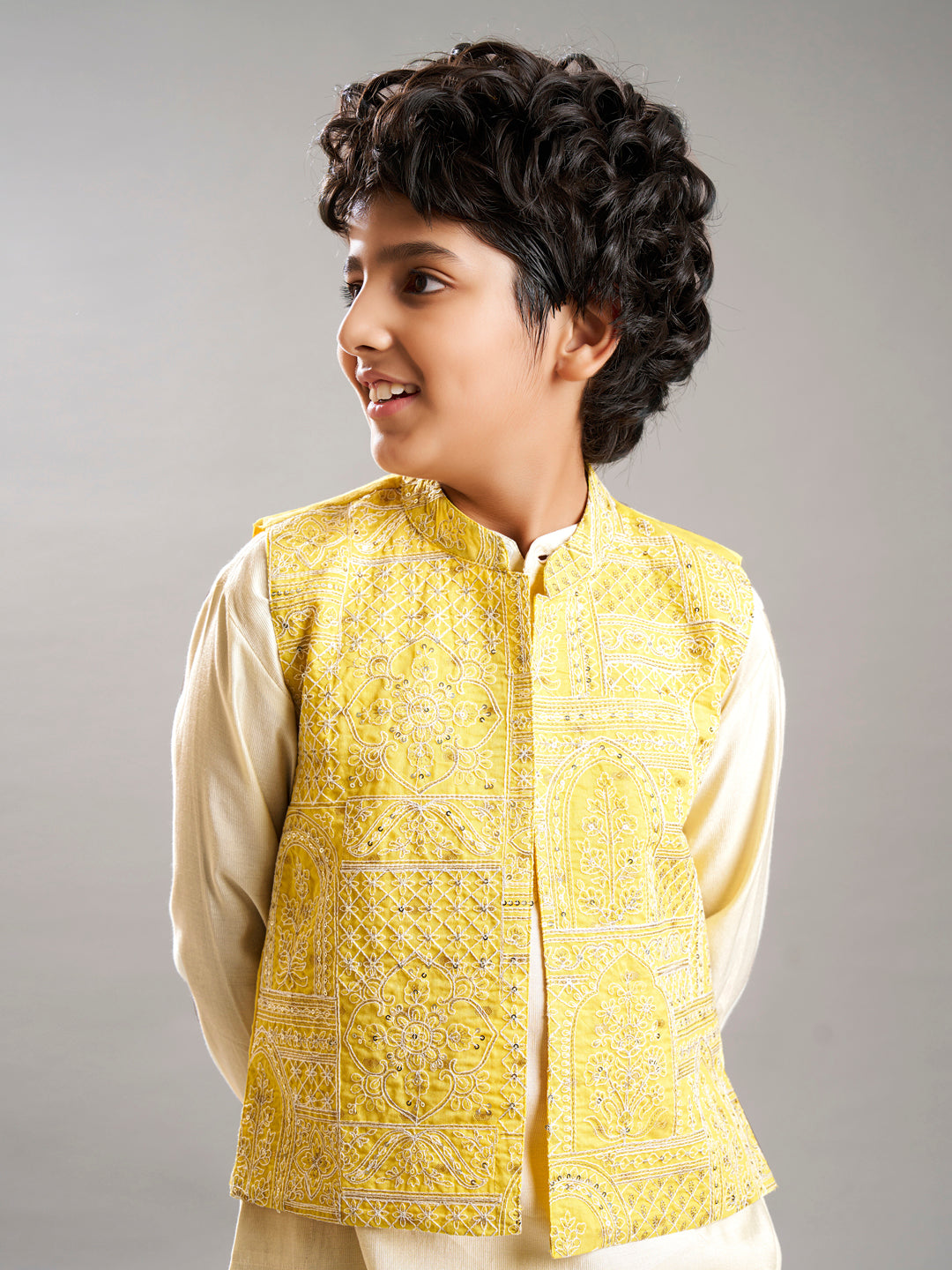Bittu By Bhama Boys off white kurta pajama with yellow modal booti jacket