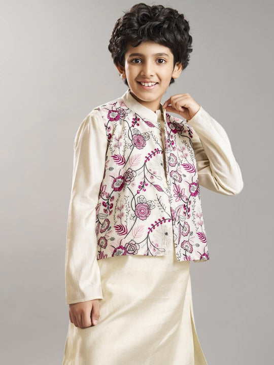 Bittu By Bhama Boys off white kurta pajama with  modal booti embroidery  jacket