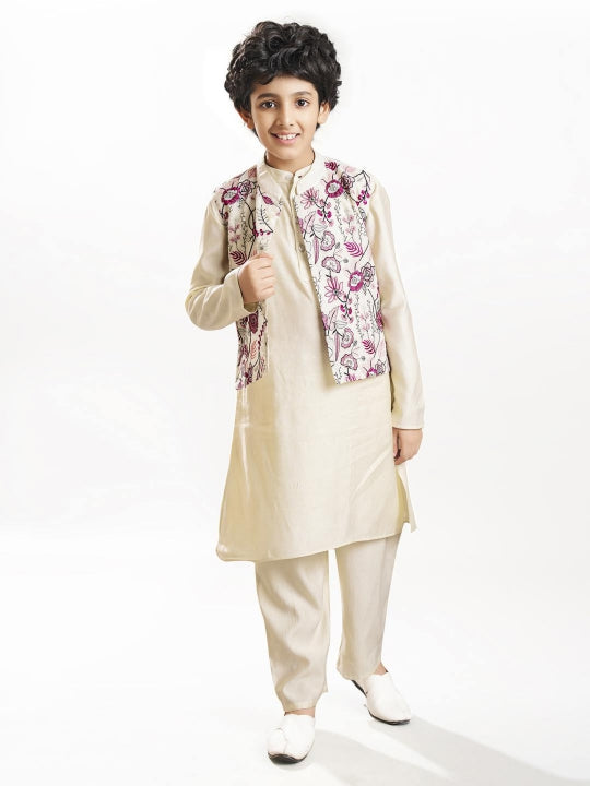 Bittu By Bhama Boys off white kurta pajama with  modal booti embroidery  jacket