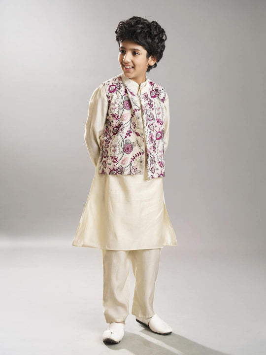 Bittu By Bhama Boys off white kurta pajama with  modal booti embroidery  jacket
