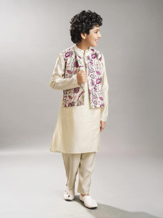 Bittu By Bhama Boys off white kurta pajama with  modal booti embroidery  jacket