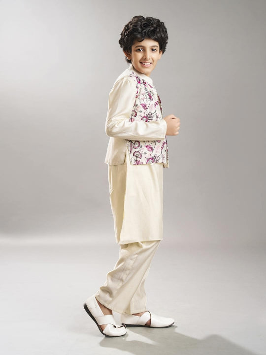 Bittu By Bhama Boys off white kurta pajama with  modal booti embroidery  jacket