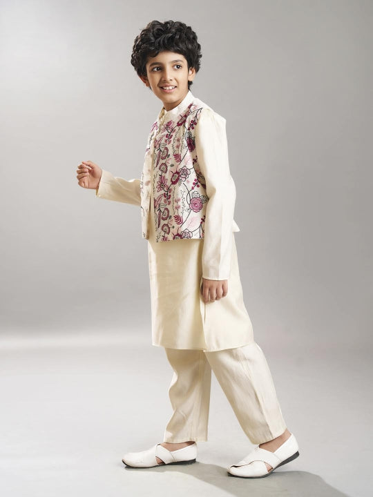 Bittu By Bhama Boys off white kurta pajama with  modal booti embroidery  jacket