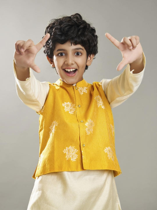Bittu By Bhama Boys off white kurta pajama with a  jacquard booti jacket
