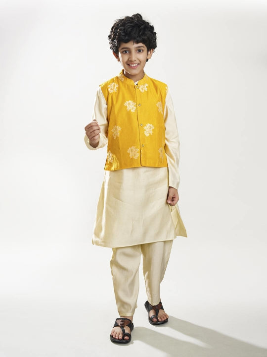 Bittu By Bhama Boys off white kurta pajama with a  jacquard booti jacket