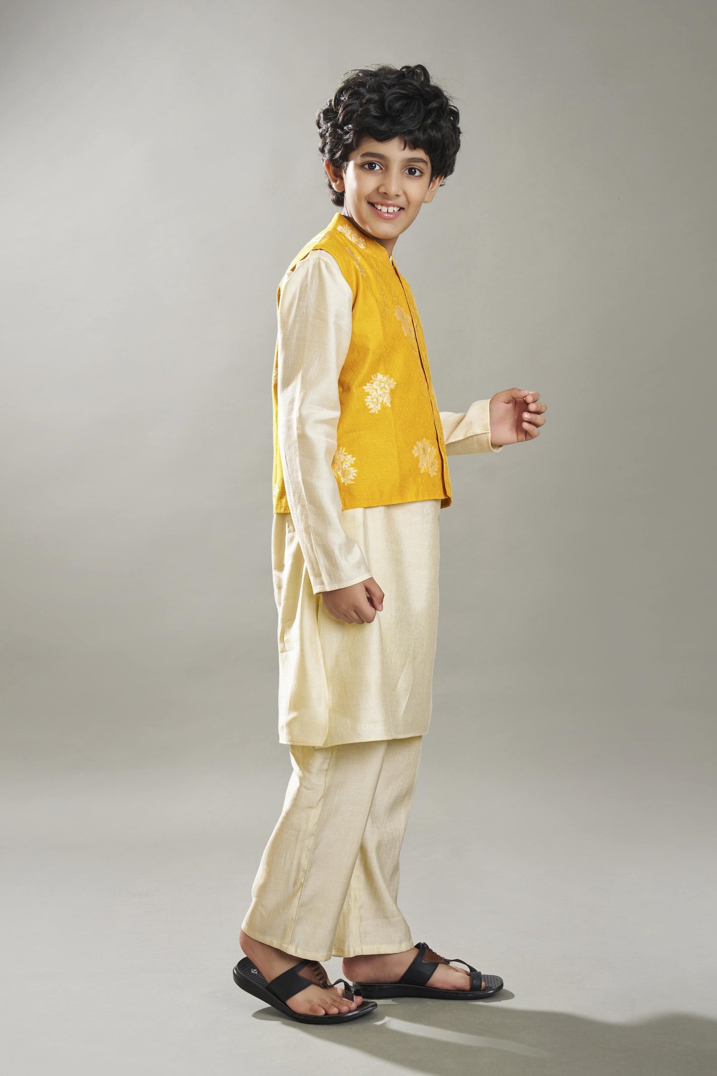 Bittu By Bhama Boys off white kurta pajama with a  jacquard booti jacket