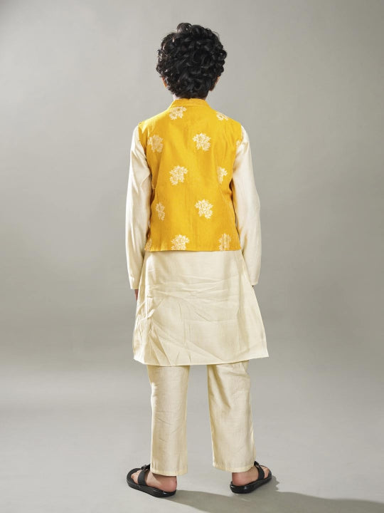 Bittu By Bhama Boys off white kurta pajama with a  jacquard booti jacket