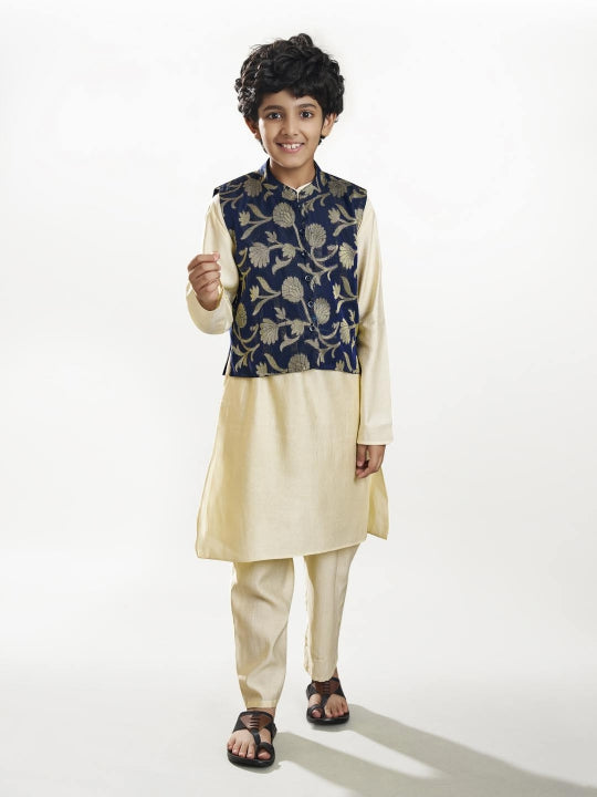 Bittu By Bhama Boys off white kurta pajama with a blue jacquard jacket