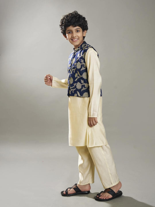 Bittu By Bhama Boys off white kurta pajama with a blue jacquard jacket