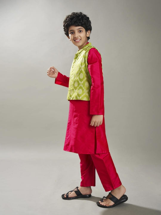 Bittu By Bhama Boys off Pink kurta pajama with a green jacquard booti jacket