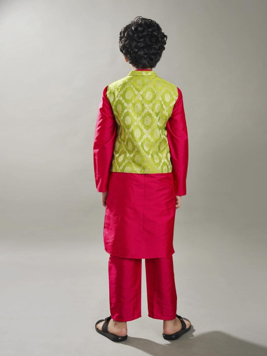 Bittu By Bhama Boys off Pink kurta pajama with a green jacquard booti jacket