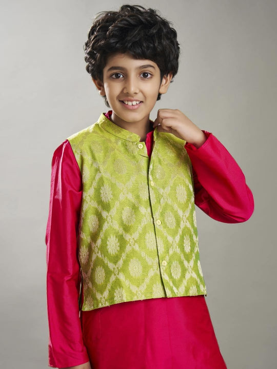 Bittu By Bhama Boys off Pink kurta pajama with a green jacquard booti jacket