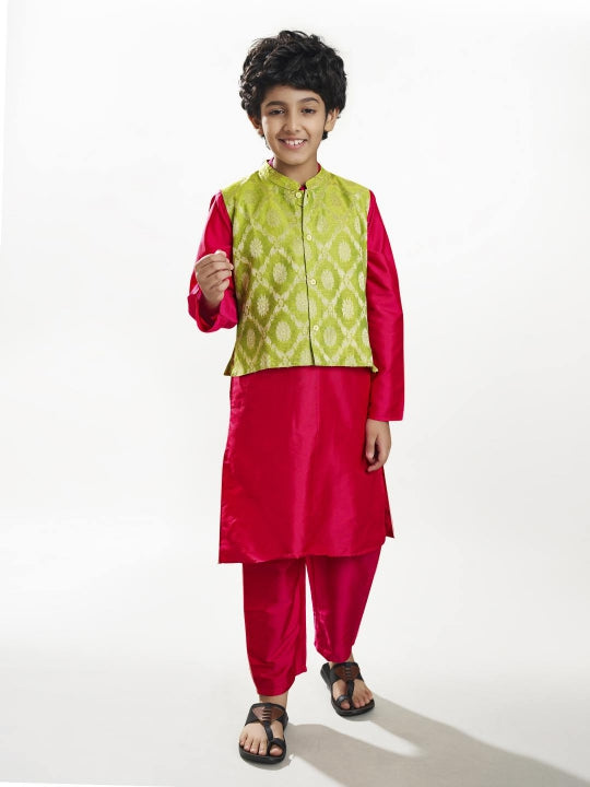 Bittu By Bhama Boys off Pink kurta pajama with a green jacquard booti jacket