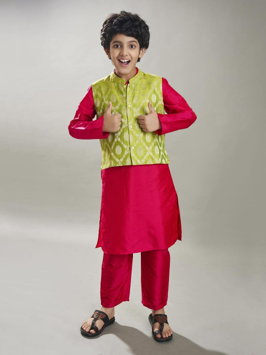 Bittu By Bhama Boys off Pink kurta pajama with a green jacquard booti jacket