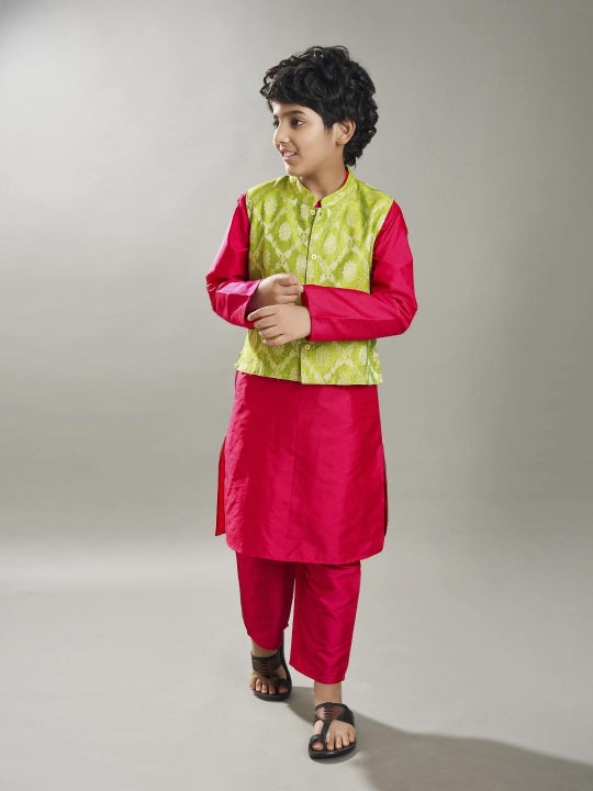 Bittu By Bhama Boys off Pink kurta pajama with a green jacquard booti jacket