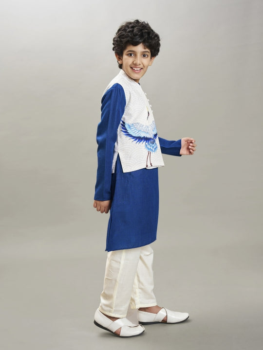 Bittu By Bhama Boys Blue kurta & off white  pajama with a off white birds print jacket