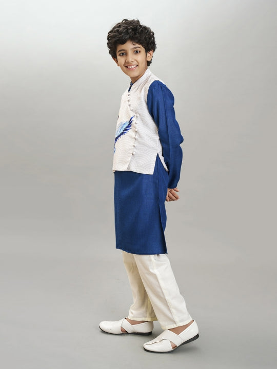 Bittu By Bhama Boys Blue kurta & off white  pajama with a off white birds print jacket