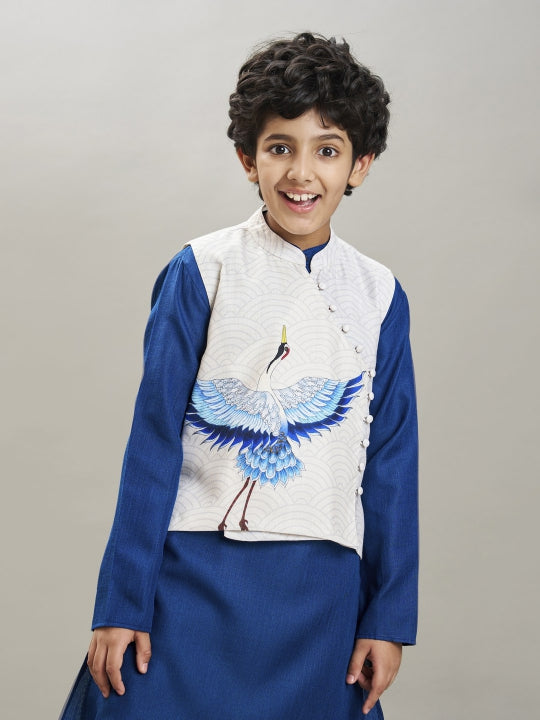 Bittu By Bhama Boys Blue kurta & off white  pajama with a off white birds print jacket