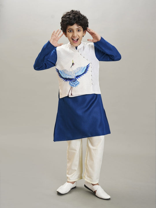 Bittu By Bhama Boys Blue kurta & off white  pajama with a off white birds print jacket