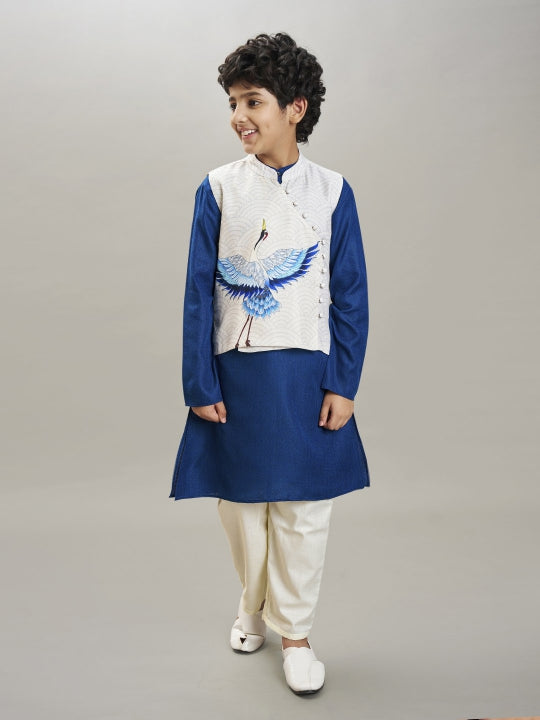 Bittu By Bhama Boys Blue kurta & off white  pajama with a off white birds print jacket