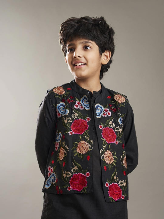 Bittu By Bhama Boys Black  kurta matching pajama with a black embroidery jacket