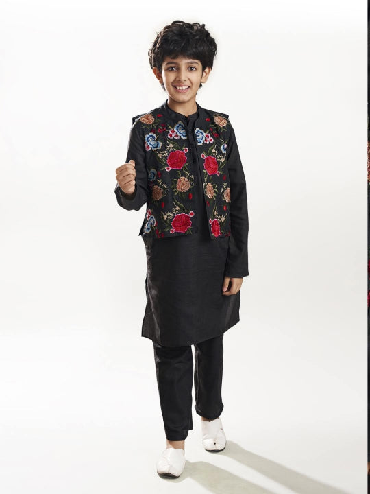 Bittu By Bhama Boys Black  kurta matching pajama with a black embroidery jacket