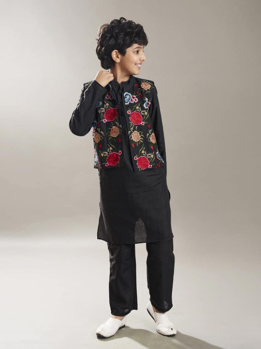 Bittu By Bhama Boys Black  kurta matching pajama with a black embroidery jacket