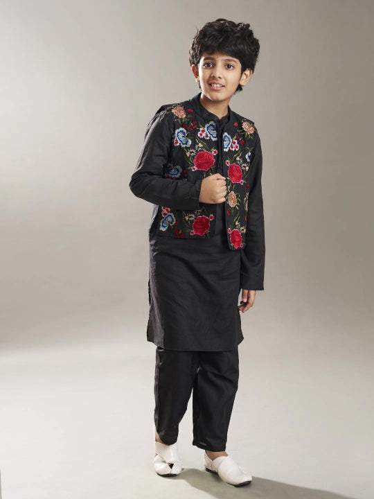 Bittu By Bhama Boys Black  kurta matching pajama with a black embroidery jacket