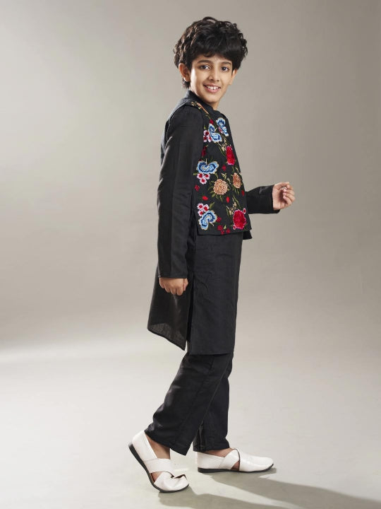 Bittu By Bhama Boys Black  kurta matching pajama with a black embroidery jacket