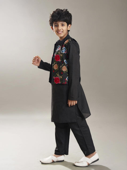 Bittu By Bhama Boys Black  kurta matching pajama with a black embroidery jacket