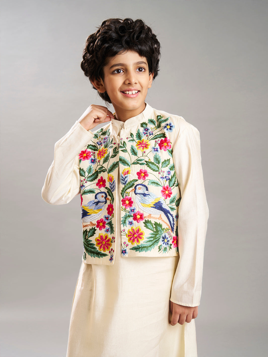 Bittu By Bhama Boys off white kurta pajama with a off white embroidery jacket
