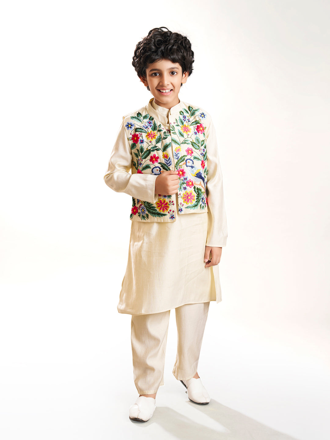 Bittu By Bhama Boys off white kurta pajama with a off white embroidery jacket