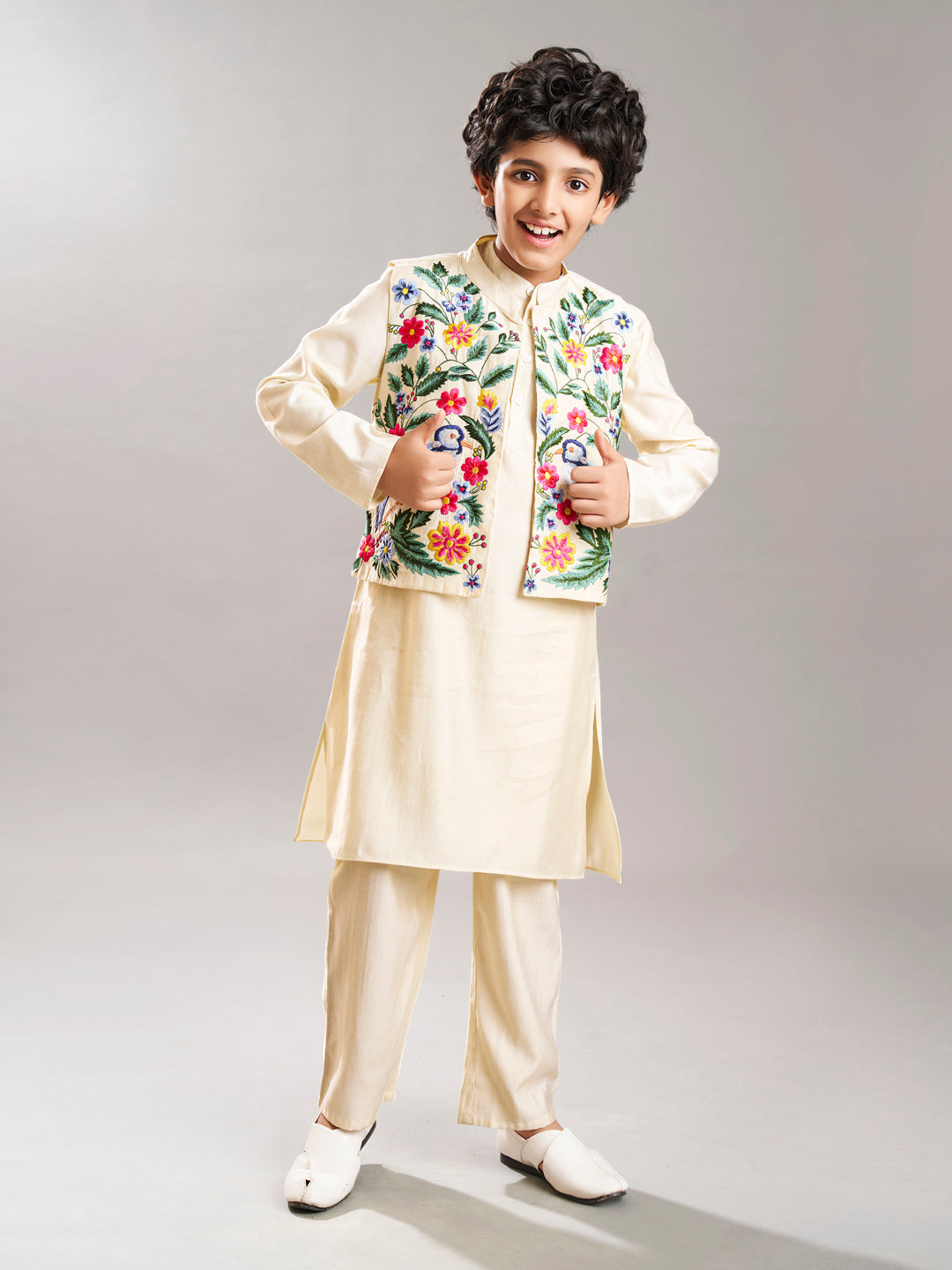 Bittu By Bhama Boys off white kurta pajama with a off white embroidery jacket