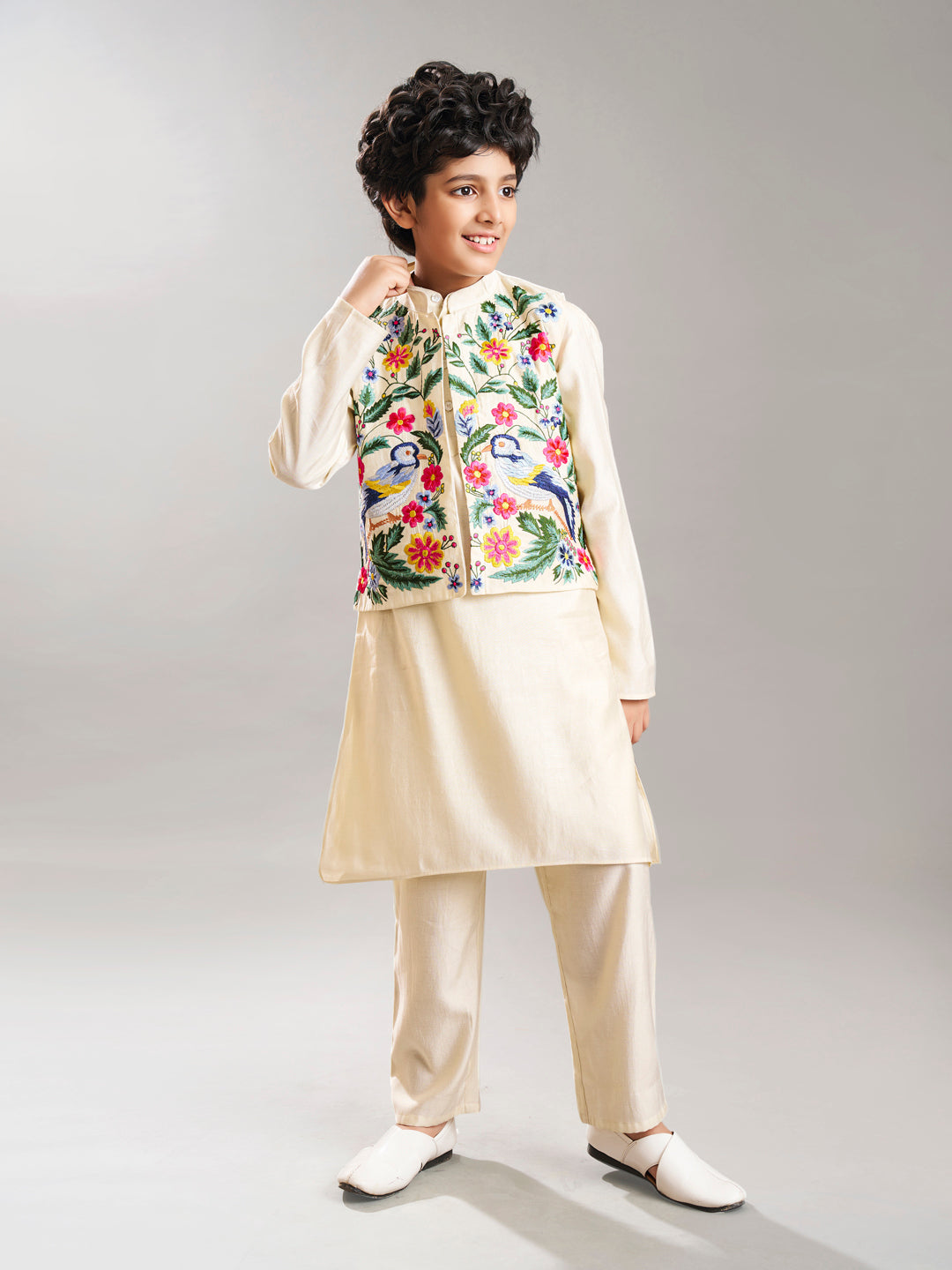 Bittu By Bhama Boys off white kurta pajama with a off white embroidery jacket
