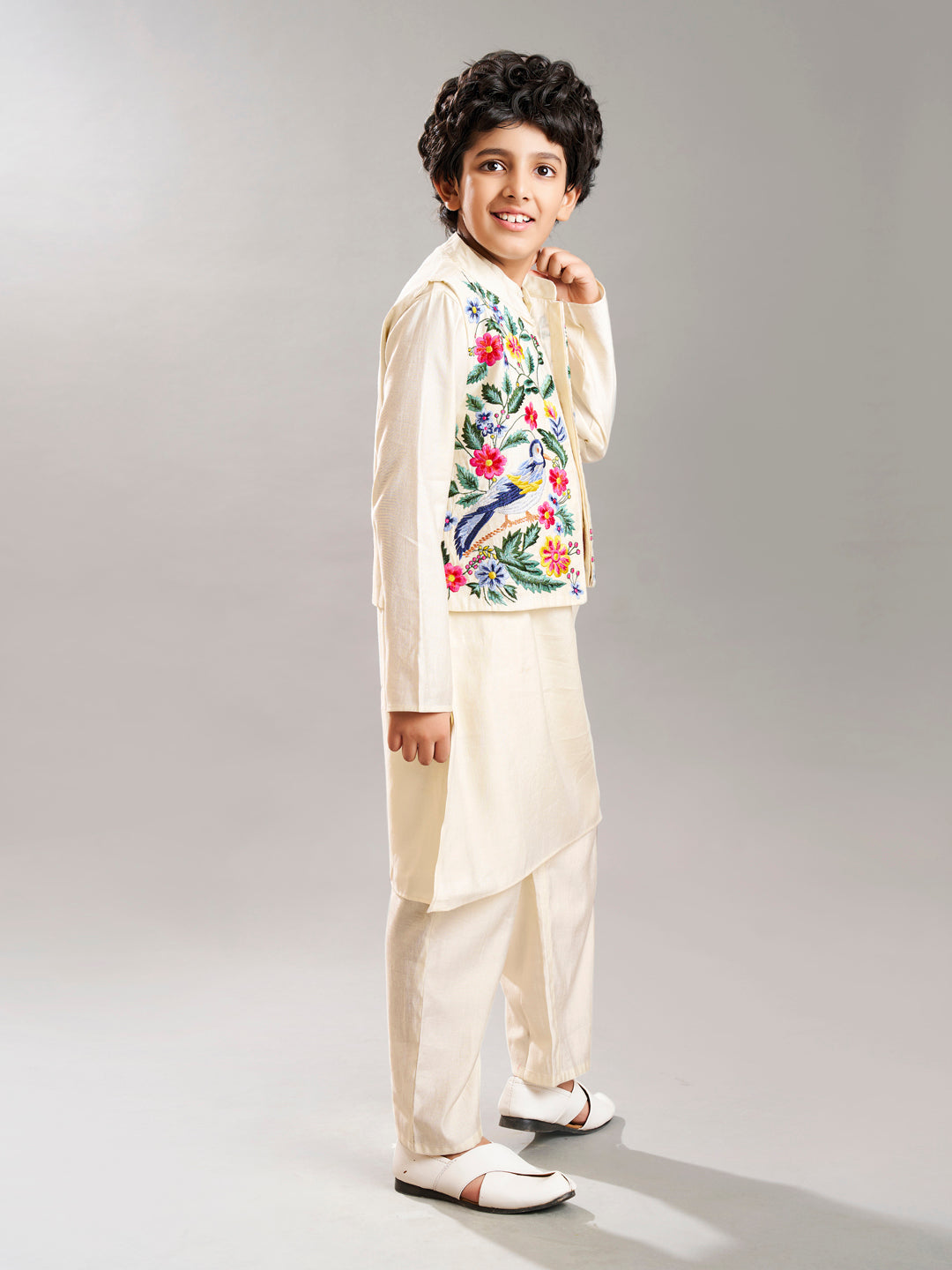 Bittu By Bhama Boys off white kurta pajama with a off white embroidery jacket