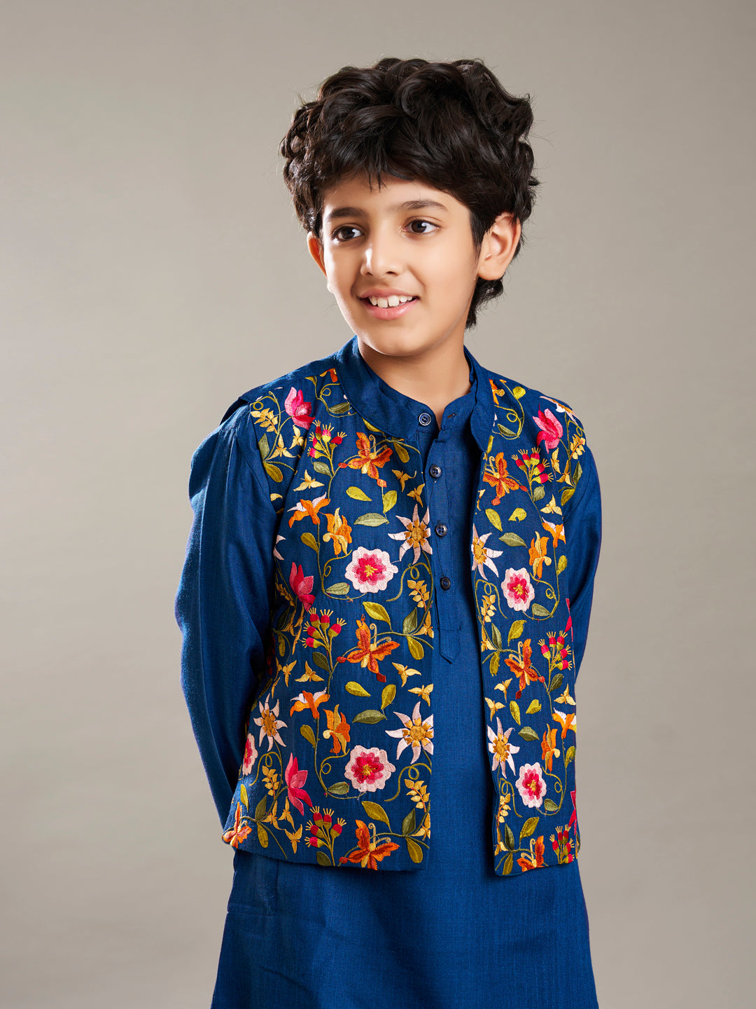Bittu By Bhama Boys blue kurta pajama with a blue embroidry jacket