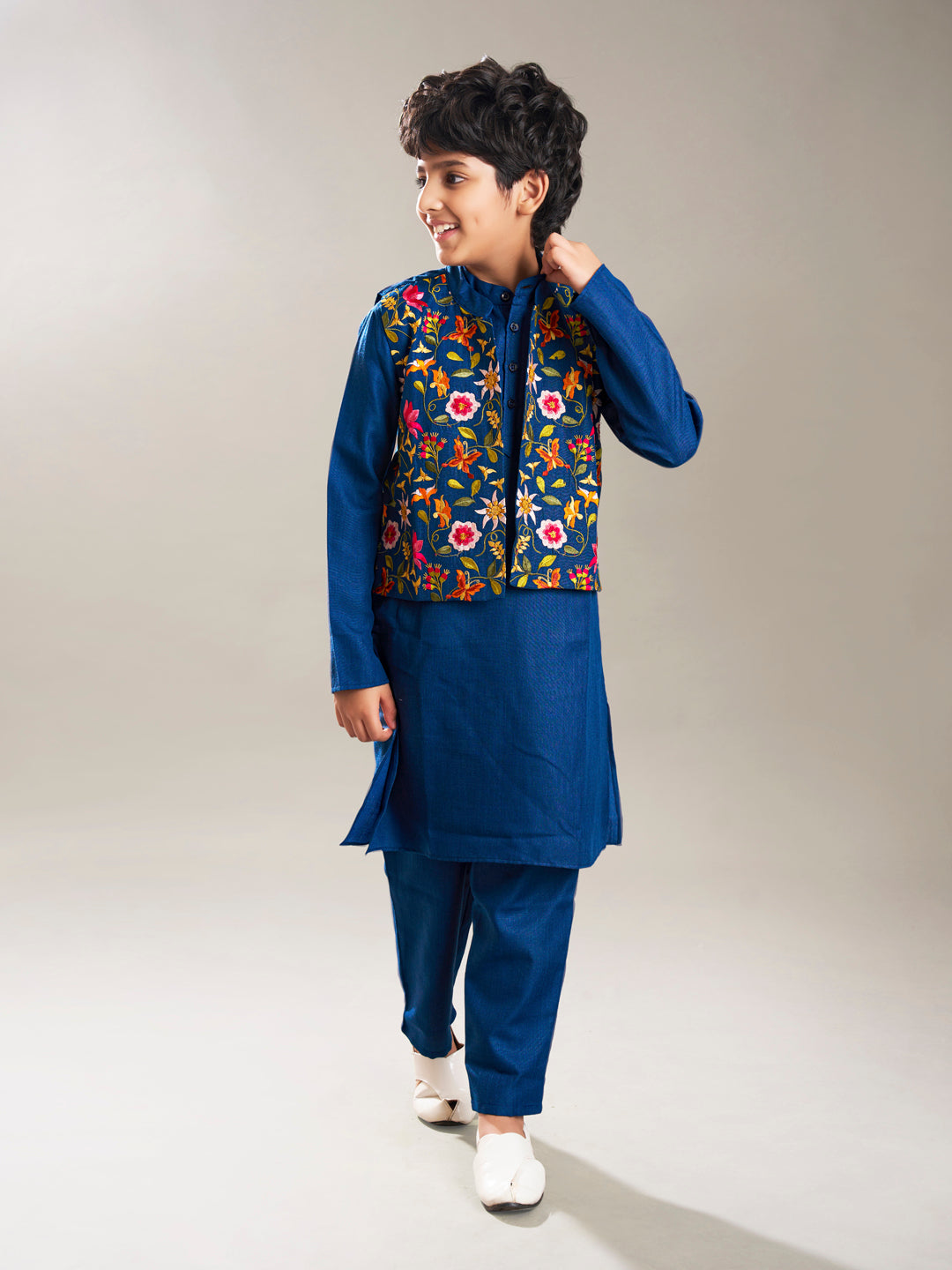 Bittu By Bhama Boys blue kurta pajama with a blue embroidry jacket