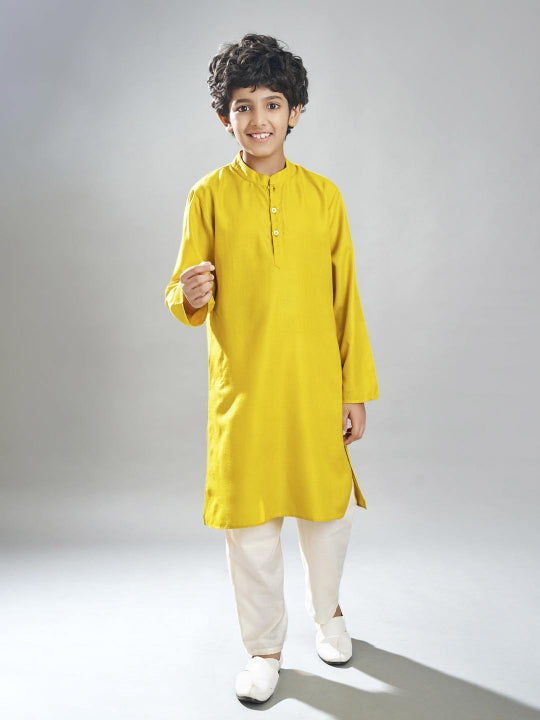 Bittu By Bhama Boys yellow kurta & off white pajama with a multi print jacket