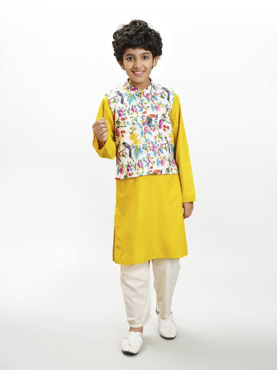 Bittu By Bhama Boys yellow kurta & off white pajama with a multi print jacket