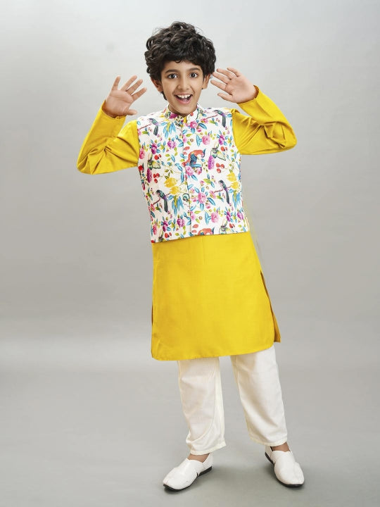 Bittu By Bhama Boys yellow kurta & off white pajama with a multi print jacket