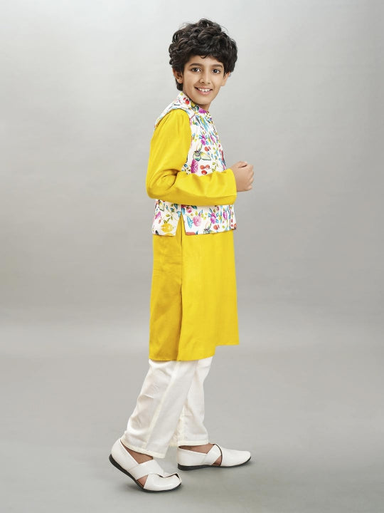 Bittu By Bhama Boys yellow kurta & off white pajama with a multi print jacket