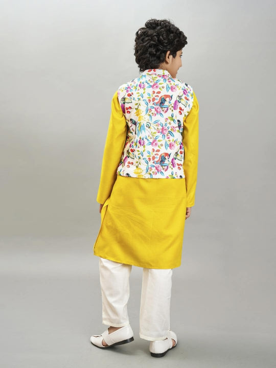 Bittu By Bhama Boys yellow kurta & off white pajama with a multi print jacket