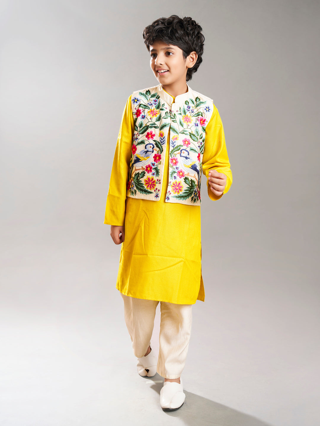 Bittu By Bhama Boys Yellow kurta & off white pajama with a off white embroidery  jacket