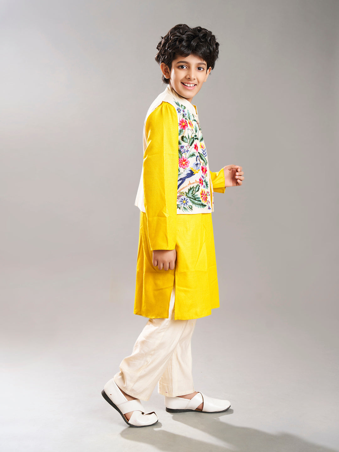 Bittu By Bhama Boys Yellow kurta & off white pajama with a off white embroidery  jacket