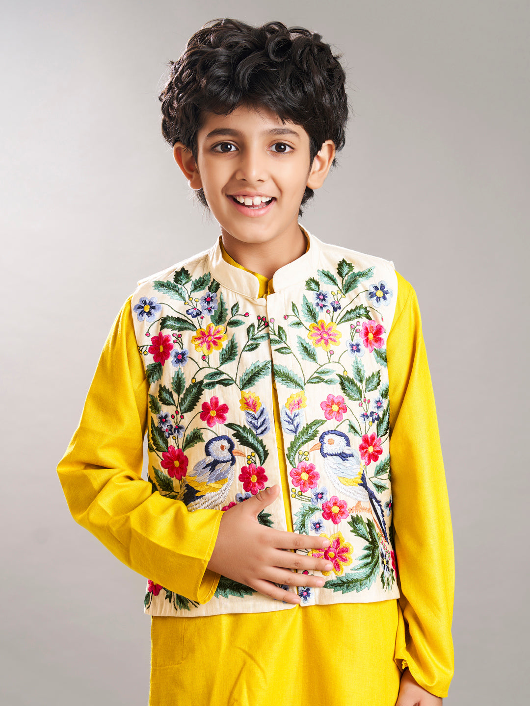 Bittu By Bhama Boys Yellow kurta & off white pajama with a off white embroidery  jacket