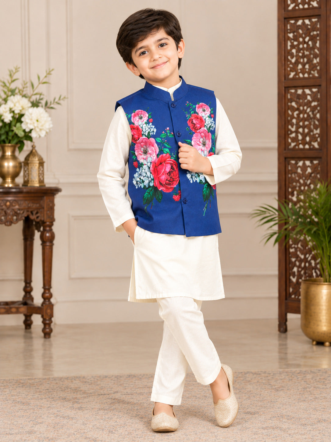Bittu By Bhama Boys off White Kurta Pajama With A Blue Printed Jacket